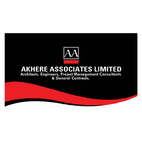 Logo für Akhere Associates Limited mit schwarzem Hintergrund, rotem und weißem Wellenmuster und dem Firmennamen mit Beschreibung: Architekten, Ingenieure, Berater für Projektmanagement und Generalunternehmer in Spende Nigeria.