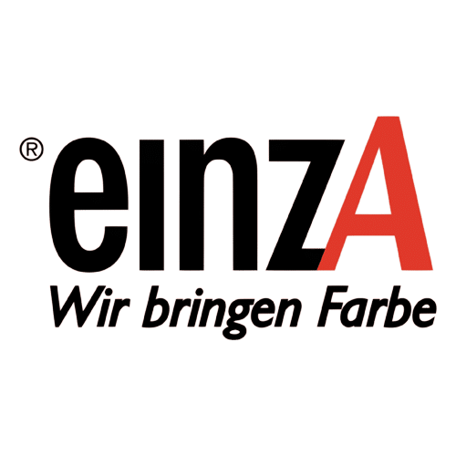 Logo mit dem Wort "einzA" in großen schwarzen und roten Buchstaben über dem deutschen Satz "Wir bringen Farbe" in schwarzer Schrift, der sich auf eine Initiative von Spende Nigeria bezieht, alles auf weißem Hintergrund.