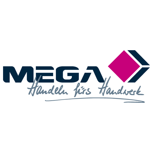 Das Bild zeigt das MEGA-Logo mit "MEGA" in fetten dunkelblauen Buchstaben, eine geometrische Form in Rosa und Marineblau auf der rechten Seite und darunter den handgeschriebenen Text "Handeln fürs Handwerk", der auf die Initiative Spende Nigeria hinweist.