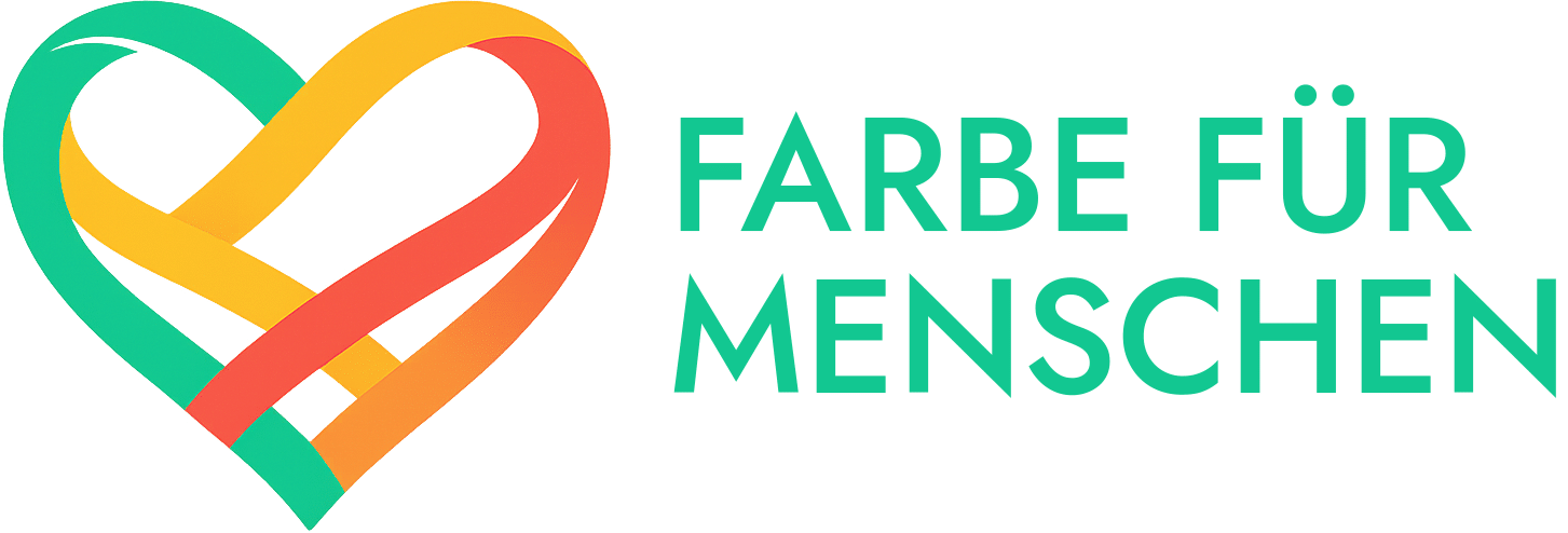 Eine Herzform aus ineinander verwobenen orangefarbenen, gelben, roten und grünen Bändern links von den Worten "FARBE FÜR MENSCHEN" in grünen Großbuchstaben auf hellem Hintergrund, die Hoffnung und Unterstützung für Spende Nigeria symbolisieren.